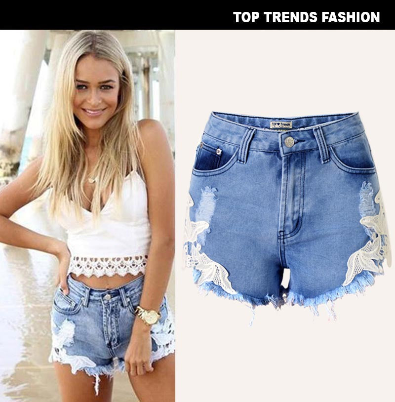 Women’s High Waist Cutoff Denim Shorts with Lace Trim – Distressed Jean Shorts for Summer