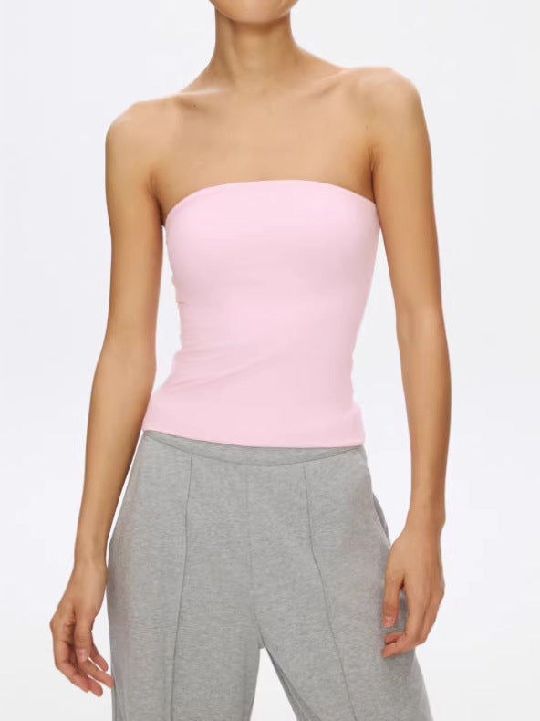 Strapless tube top with built-in bra, side view