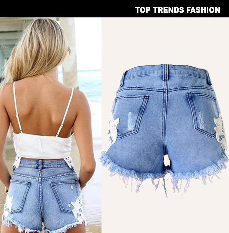 Women’s High Waist Cutoff Denim Shorts with Lace Trim – Distressed Jean Shorts for Summer