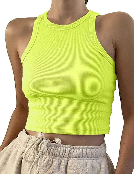 Model wearing ribbed racerback tank top in lavender purple, styled outfit