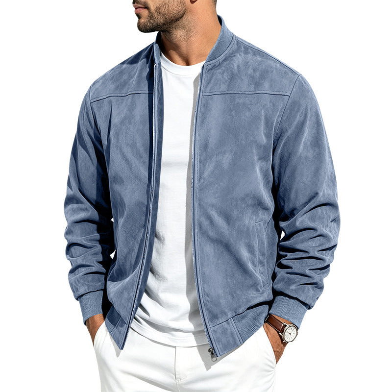 Men's retro faux suede bomber jacket with baseball collar and zip front, photo 23