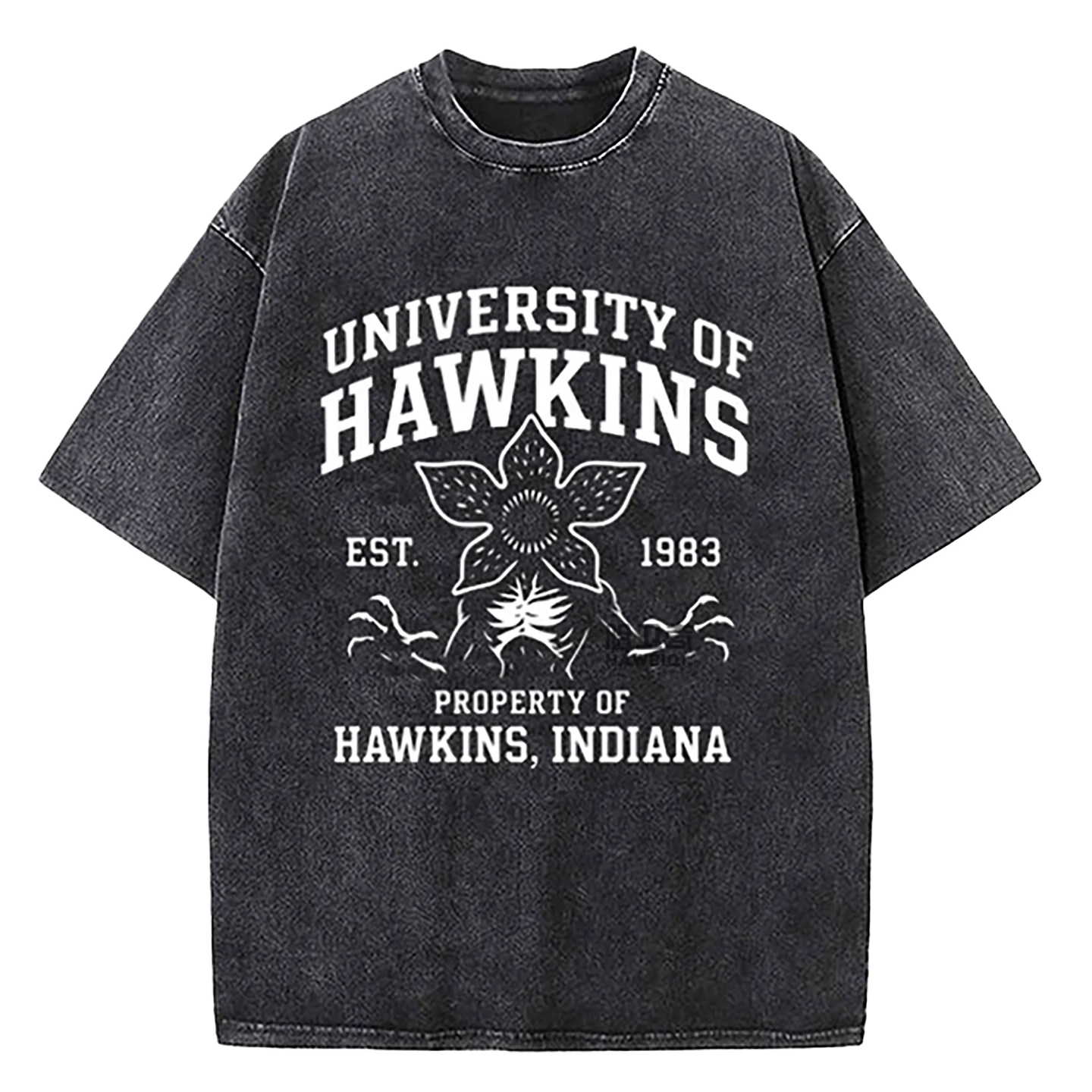 Stranger Things Washed T-Shirt Hawkins University Est 1983 Vintage Graphic Tee Black Over Zized