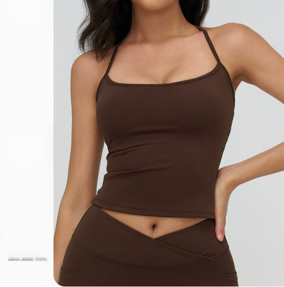 Women’s brown racerback tank top with built-in bra, front view