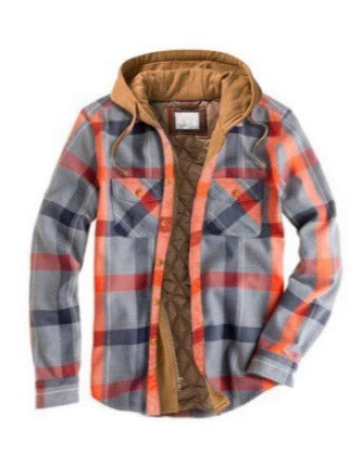Men's plaid hooded jacket in blue and white, close-up front view