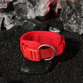 Red adjustable dog collar with metal D-ring and buckle on black stone background