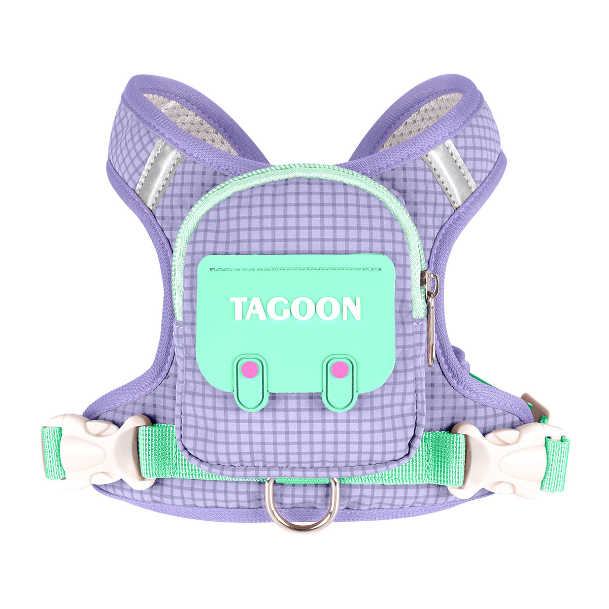 Purple backpack harness for dogs with reflective shoulder trim and storage pocket