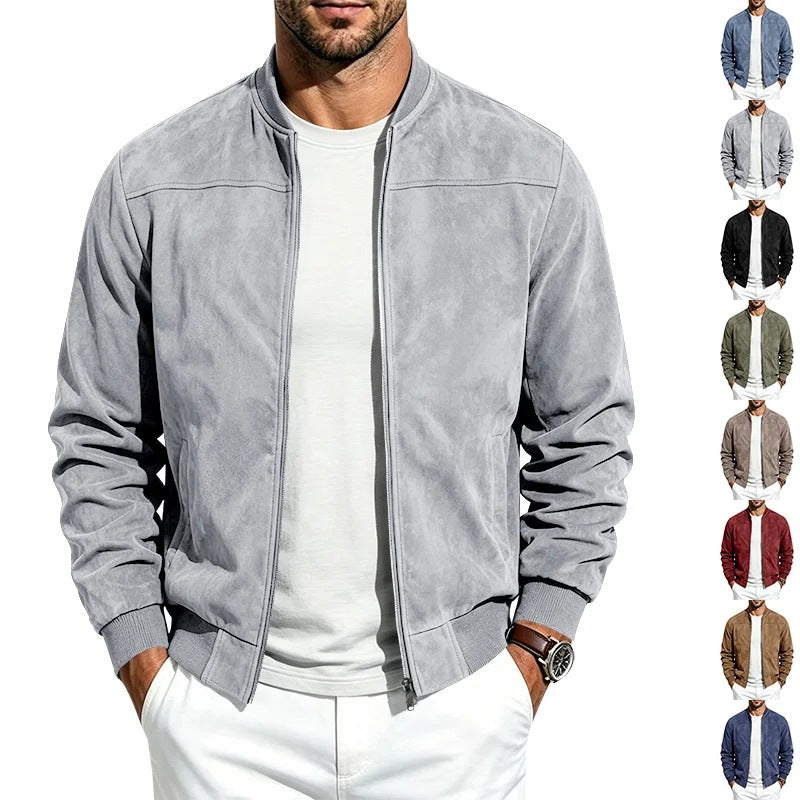 Men's faux suede bomber jacket in light gray with retro baseball collar and zip front