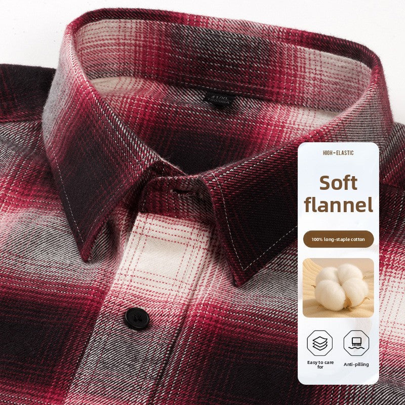 Red plaid flannel shirt collar and button close-up, side view