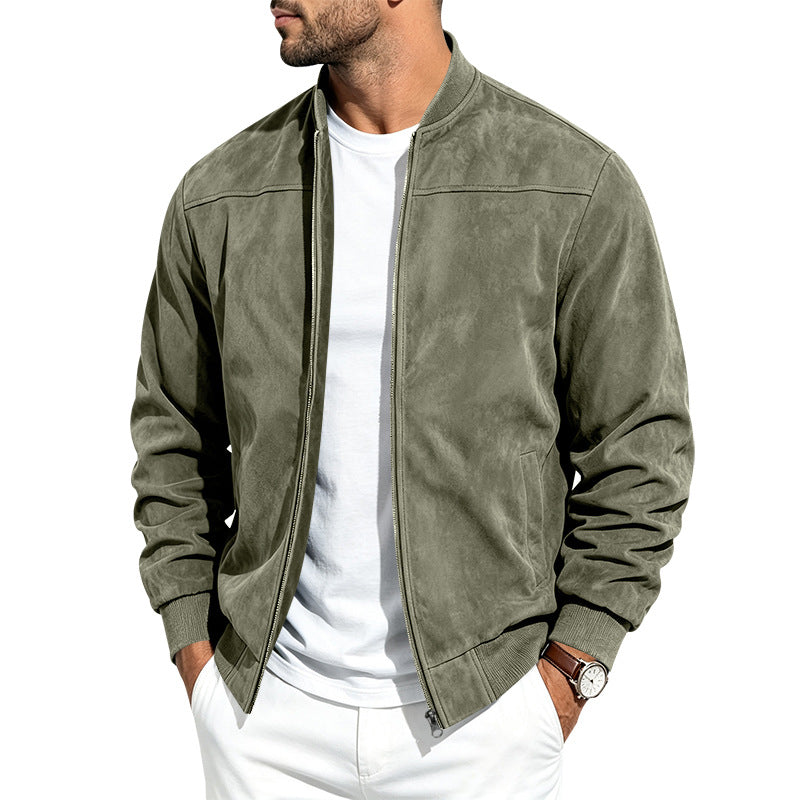 Men's retro faux suede bomber jacket with baseball collar and zip front, photo 36