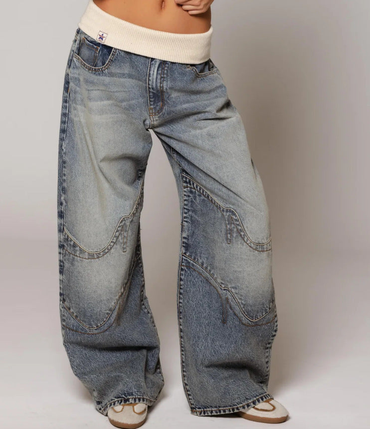 Washed Blue Baggy Jeans – Retro Flipped Waist with Chain Detail, Loose Fit Streetwear Denim