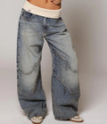 Washed Blue Baggy Jeans – Retro Flipped Waist with Chain Detail, Loose Fit Streetwear Denim