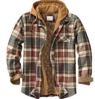 Plaid Hooded Jacket | Men's Quilted Cotton-Filled Flannel Jacket