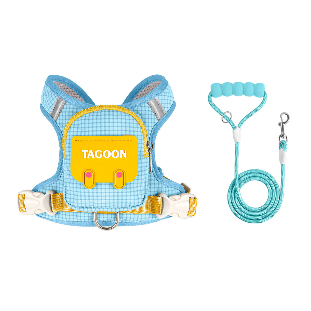 Light blue dog backpack harness with teal bubble cotton leash set