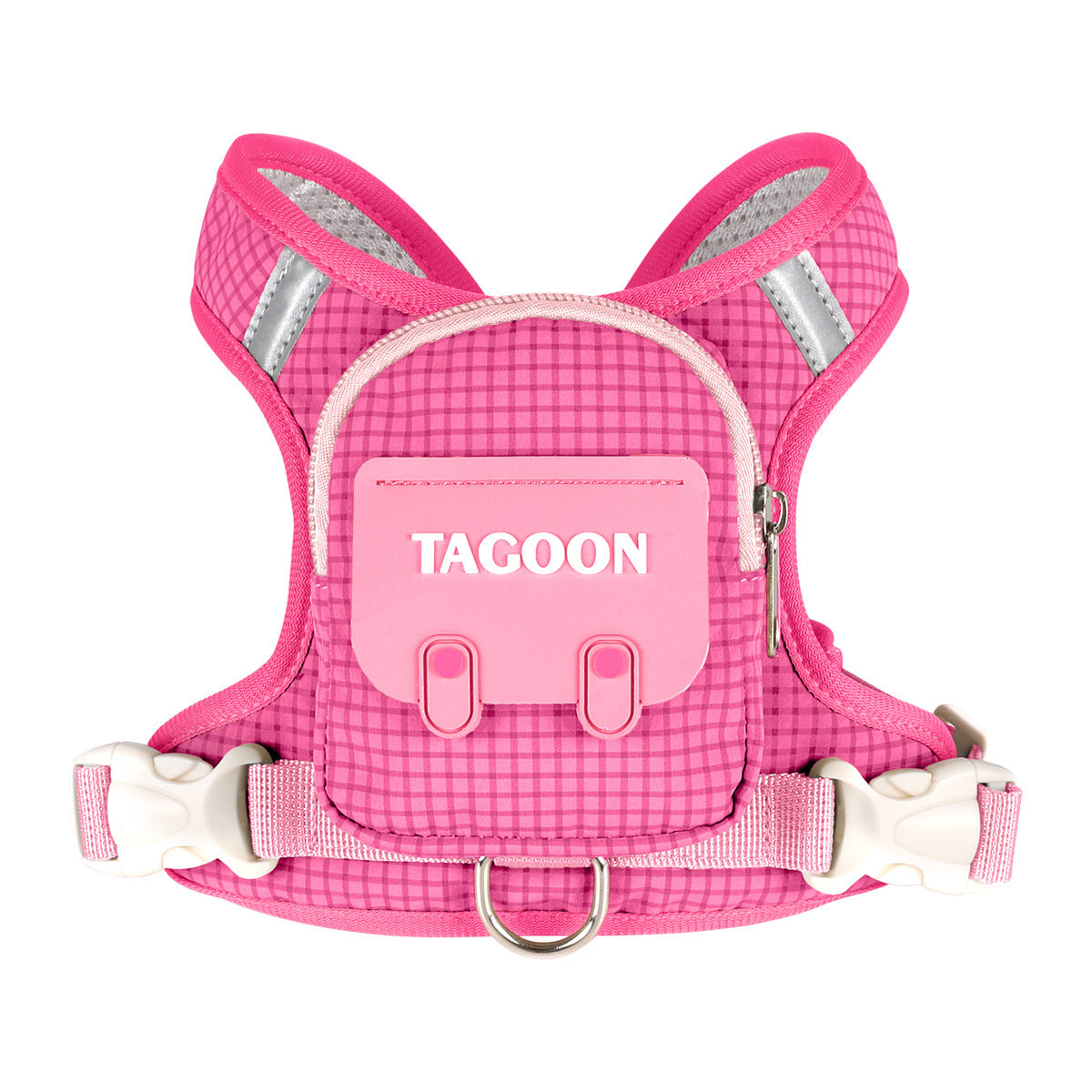 Rose red backpack harness for dogs with reflective shoulder trim and storage pocket
