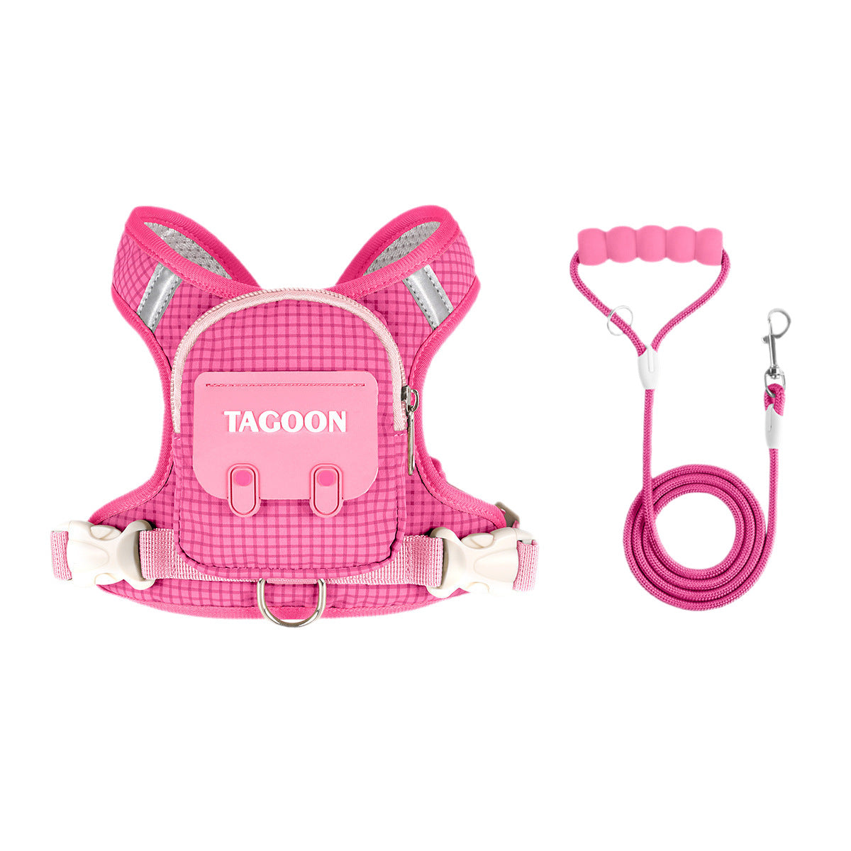 Rose red dog backpack harness with matching rose red leash