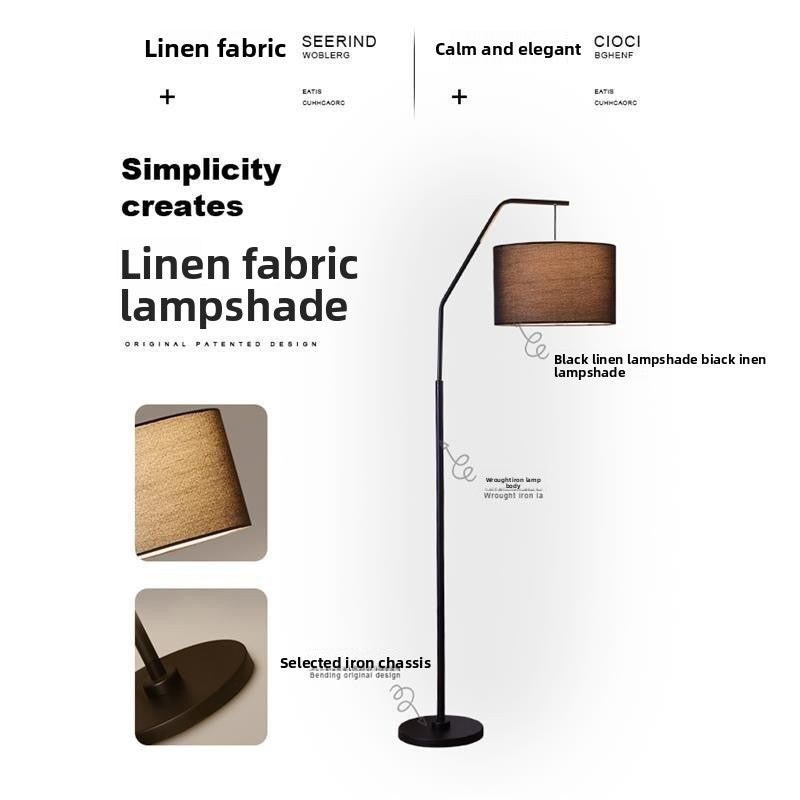 Linen fabric lampshade detail on modern Nordic arc floor lamp highlighting simplicity and texture.