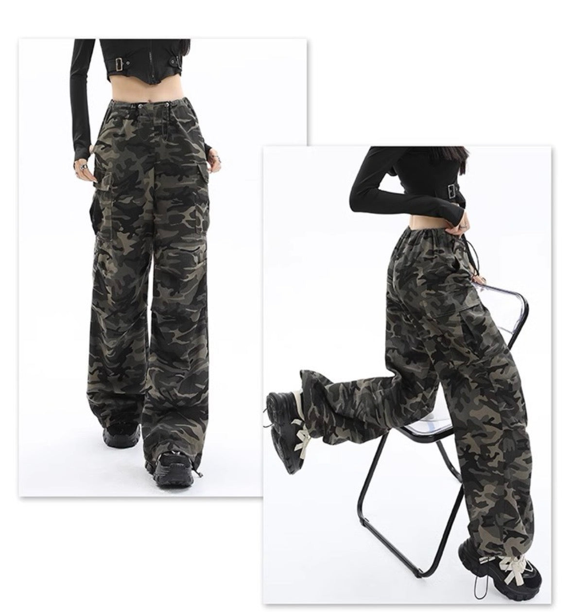 Camouflage cargo pants back view and side profile, wide leg silhouette