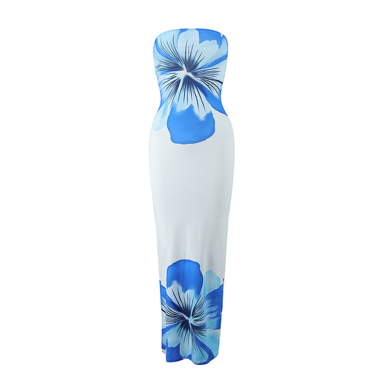 Summer Strapless Floral Print Long Dress