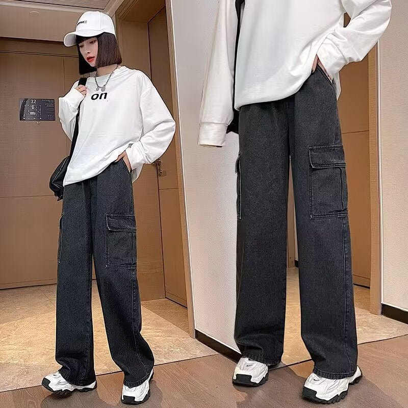 Women’s Wide Leg Cargo Jeans – Baggy Retro Streetwear Denim Pants