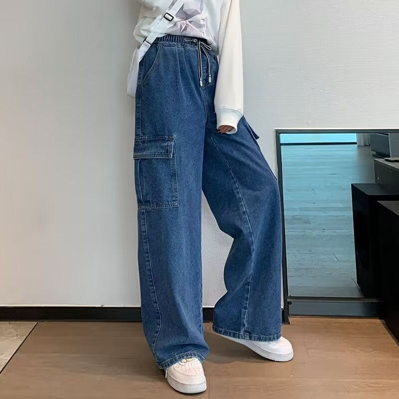 Women’s Wide Leg Cargo Jeans – Baggy Retro Streetwear Denim Pants