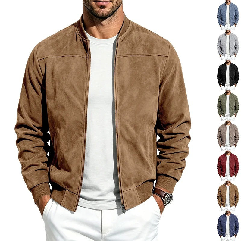 Men's faux suede bomber jacket in brown with retro baseball collar and zip front