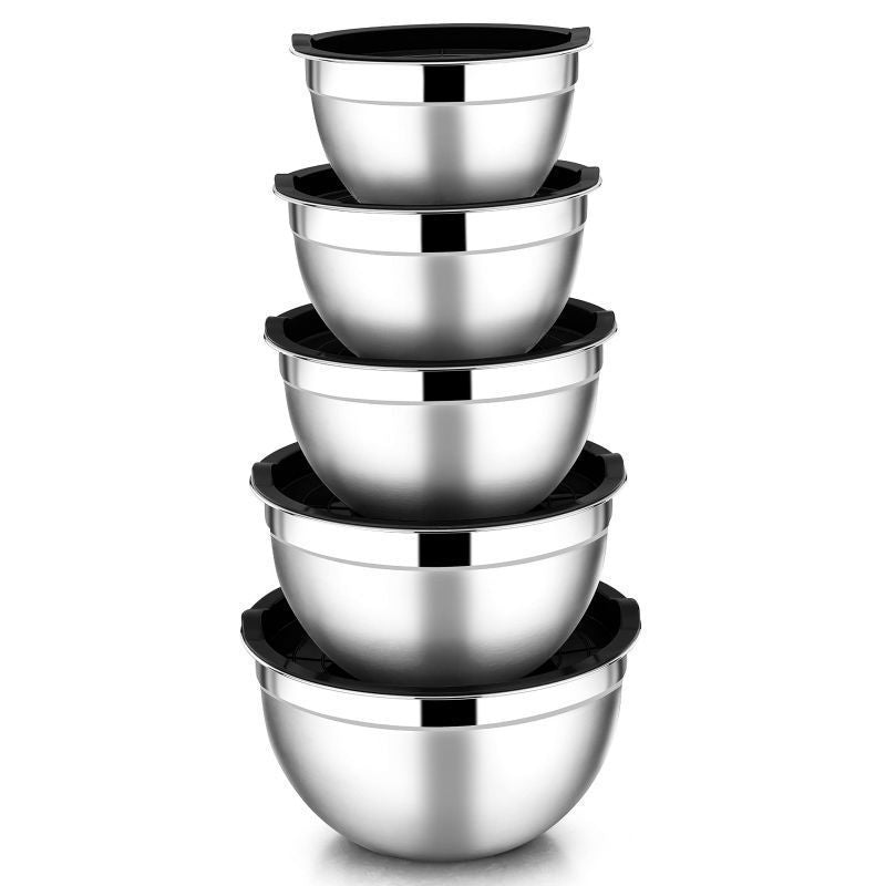 Stainless Steel Mixing Bowls with Lids and Non-Slip Silicone Base Set