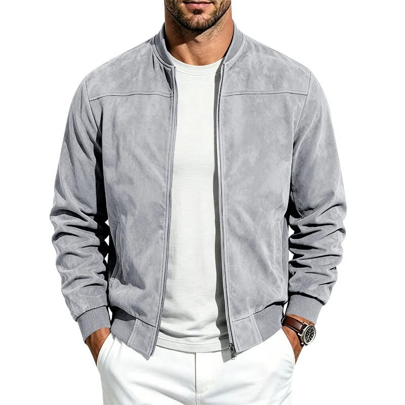 Men's retro faux suede bomber jacket with baseball collar and zip front, photo 17