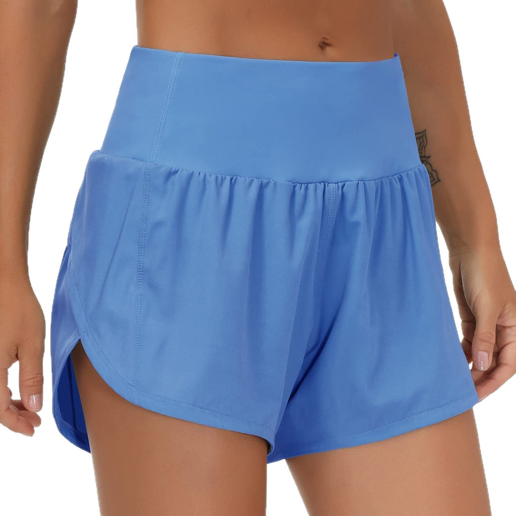 Women’s high-waisted quick-dry running shorts back view, Blue