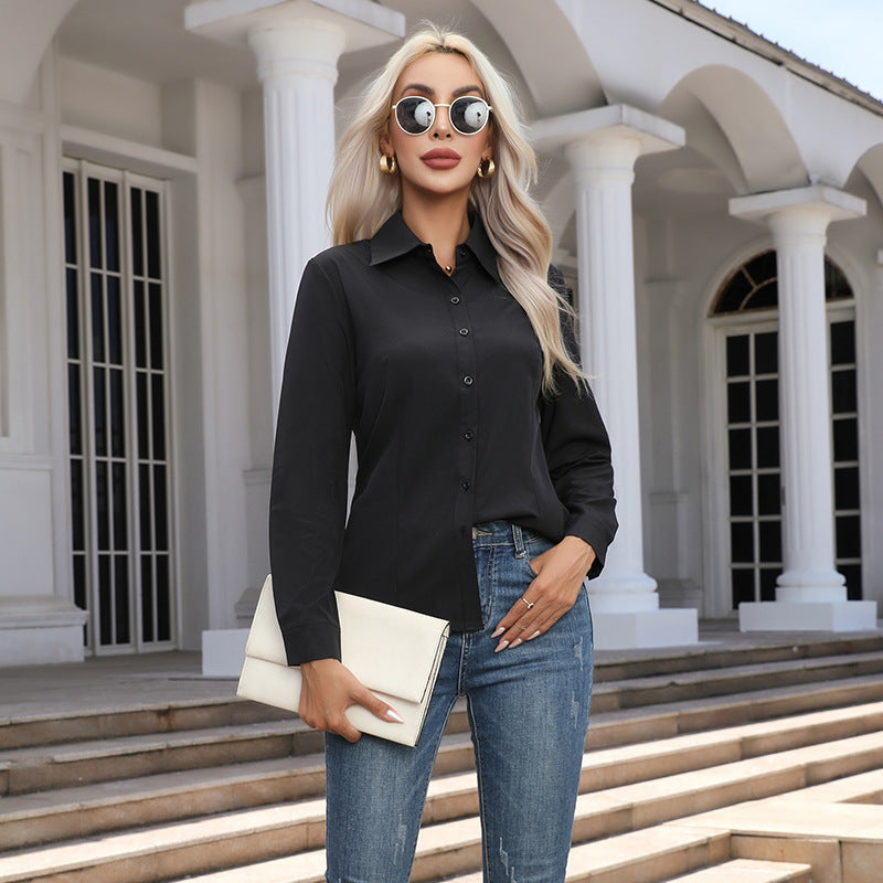 Women's white button down shirt, front closed view