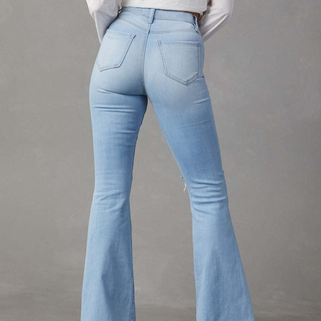 Women’s High Waisted Ripped Flared Jeans - Distressed Bell Bottom Flare Trousers