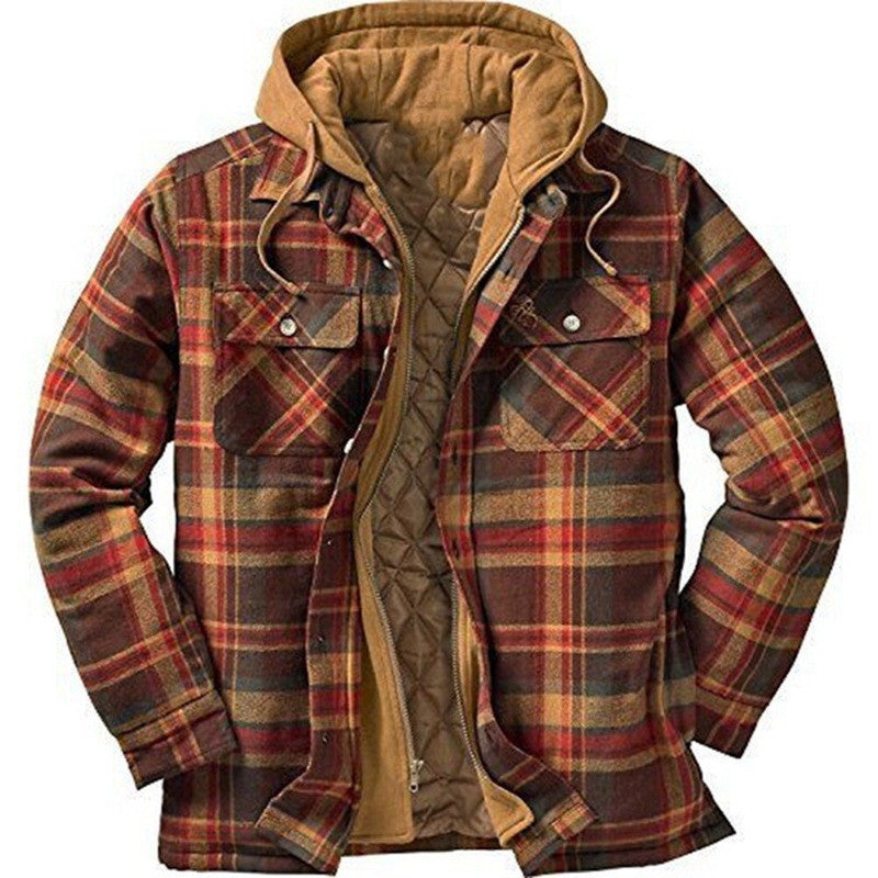 Men's plaid hooded jacket in green-red, close-up front view