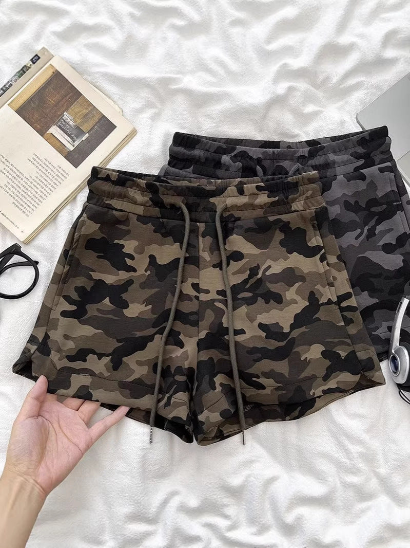 High-waisted wide-leg camo shorts - back view showing drawstring waist