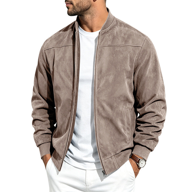 Men's retro faux suede bomber jacket with baseball collar and zip front, photo 5