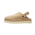 Tan women’s fleece lined cork sandal, side angle