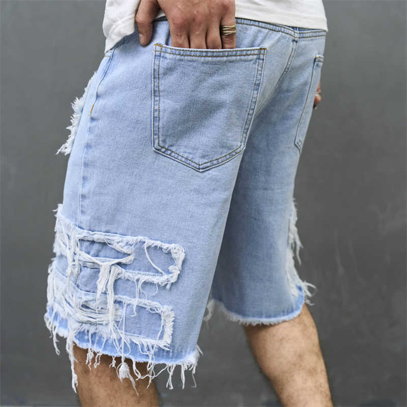 Men's baggy jean shorts back view, loose wide-leg silhouette