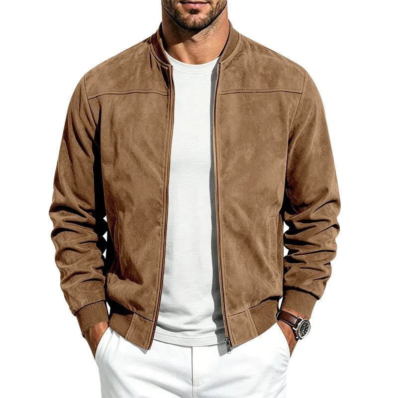Men's retro faux suede bomber jacket with baseball collar and zip front, photo 15