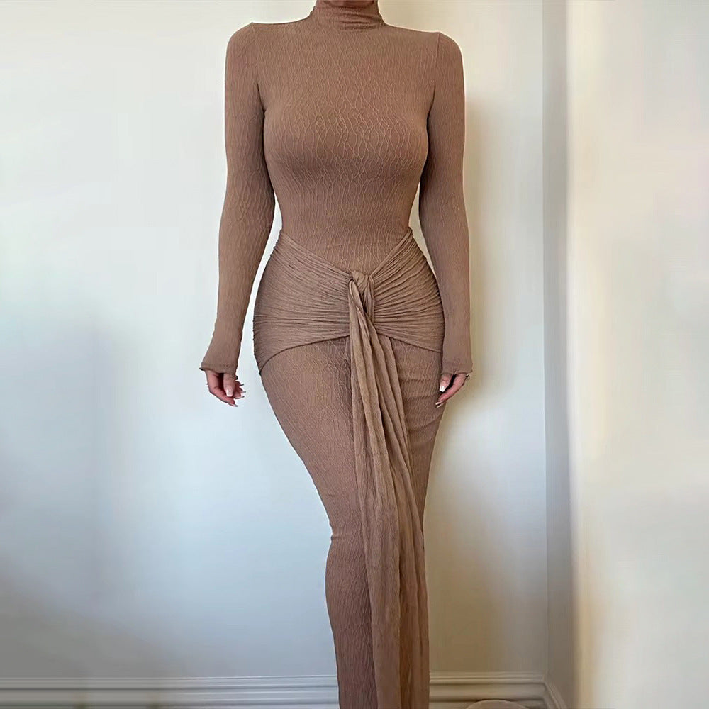Women’s Long Sleeve Fitted Pleated Maxi Dress - Mock Neck Bodycon High Waisted Solid Brown Sexy Long Dress