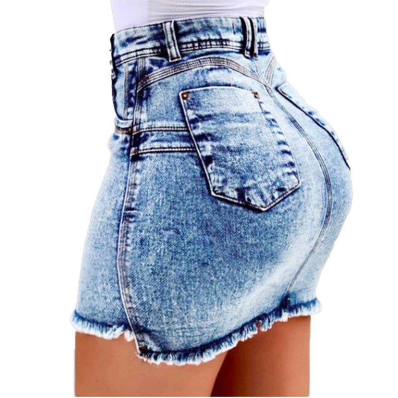 Women’s High Waisted Denim Pencil Skirt – Stretch Fit with Distressed Detail