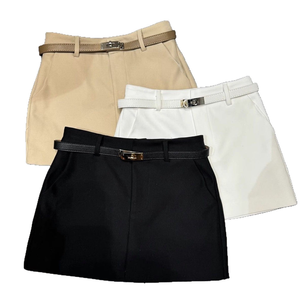 High waisted mini skirts in khaki, white, and black with belt