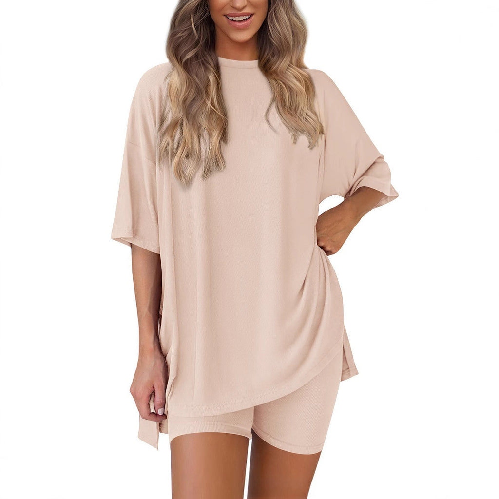 Women’s blush pink modal tencel casual short sleeve lounge set with matching shorts front view