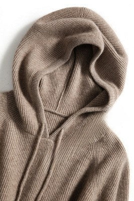 Women's purple cashmere blend hooded sweater, oversized relaxed fit with bow detail — styled view 4