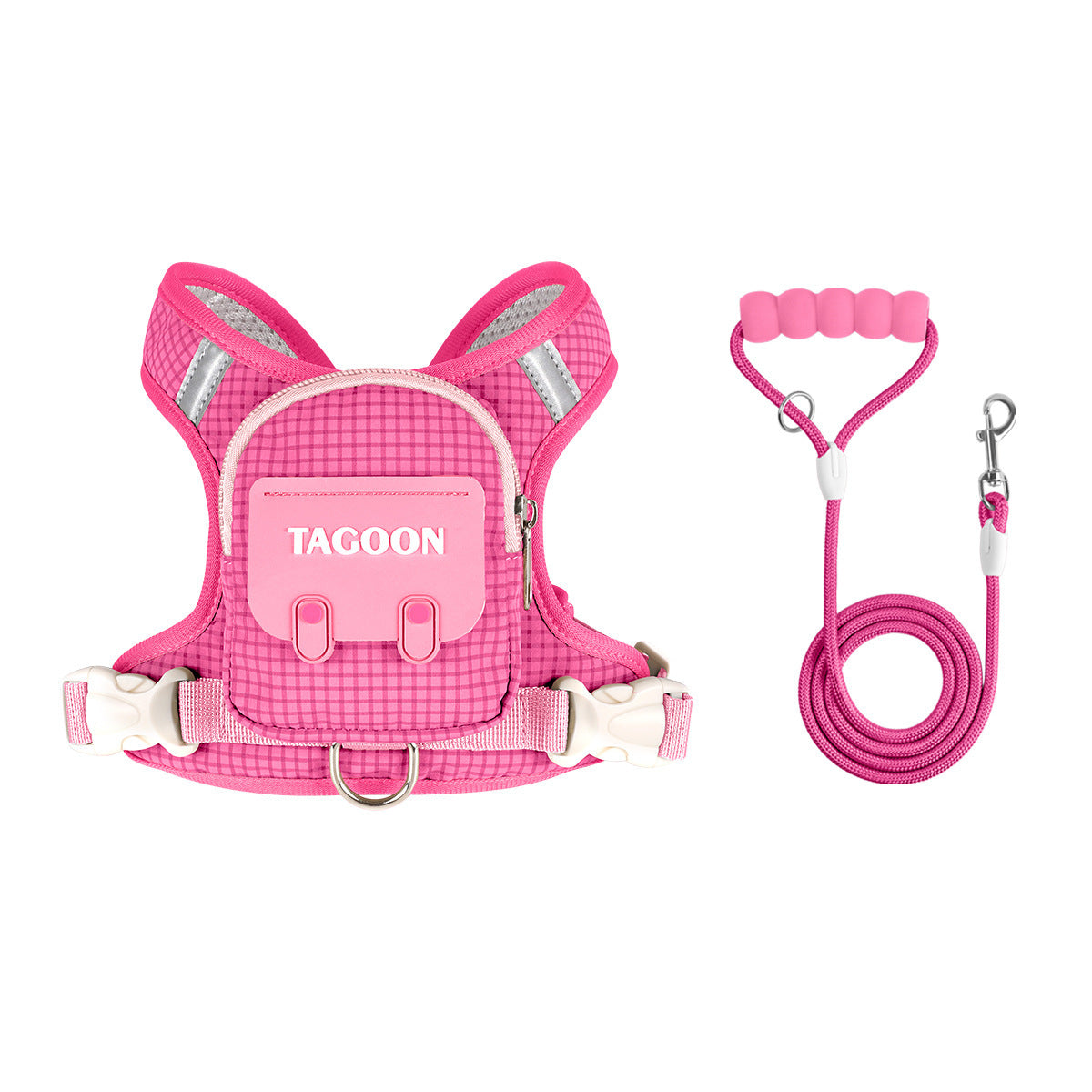 Rose red dog harness with leash and padded pink handle