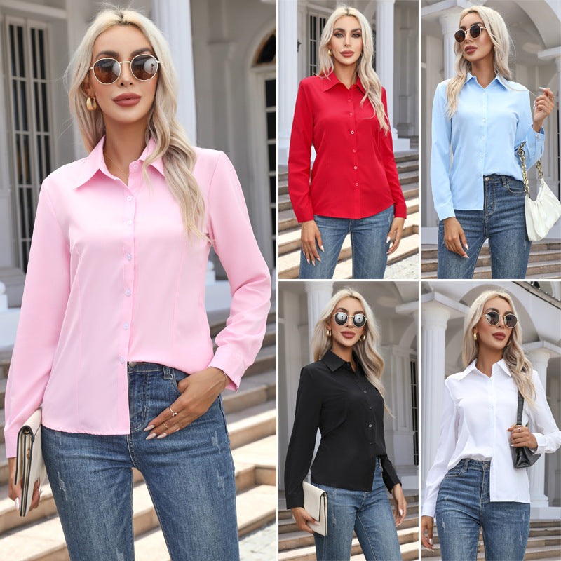 Women's long sleeve button down shirt, front view
