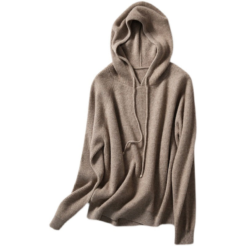 Women's blue cashmere blend hooded sweater, oversized relaxed fit with bow detail — styled view 3