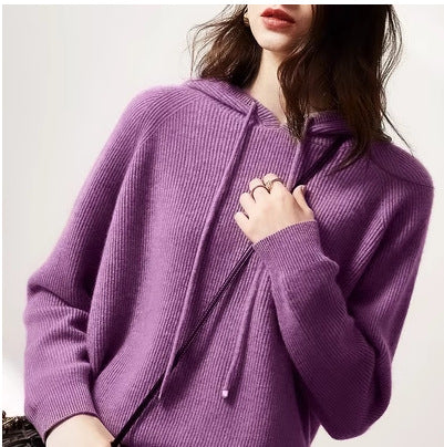 Close-up of hood and drawstring bow detail on women's camel cashmere blend hoodie sweater — detail 6