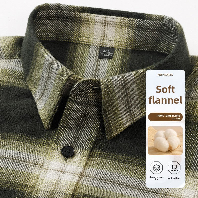 Green plaid flannel shirt collar and button close-up, front view