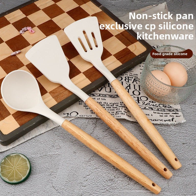 3-Piece Silicone Spatula Set with Wooden Handles – Chinese Style Wok Spatula, Non-Stick Turner & Soup Ladle
