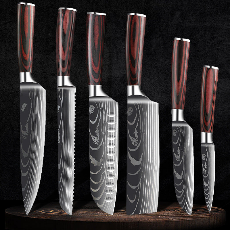 Damascus Kitchen Knife Set with Colored Wood Handles - 5/7/8 Piece Chef Knife Set