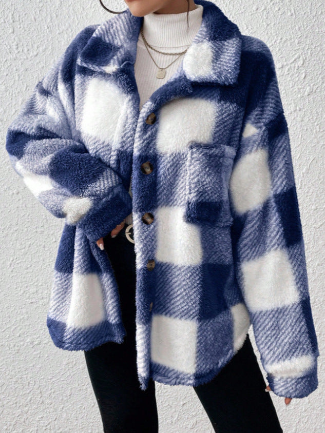 Women's plaid plush shacket in royal blue, open front detail