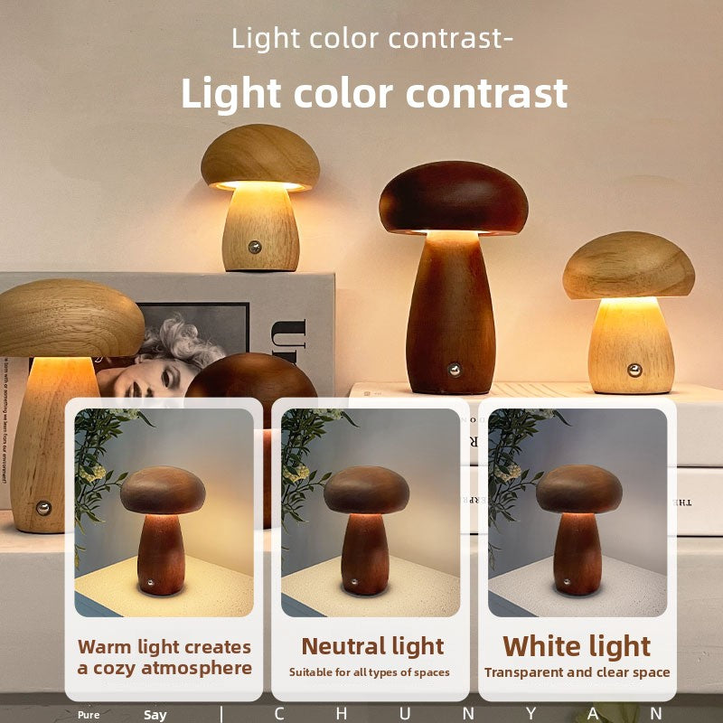 Wooden mushroom lamp showing three lighting modes: warm light, neutral light, and white light comparison